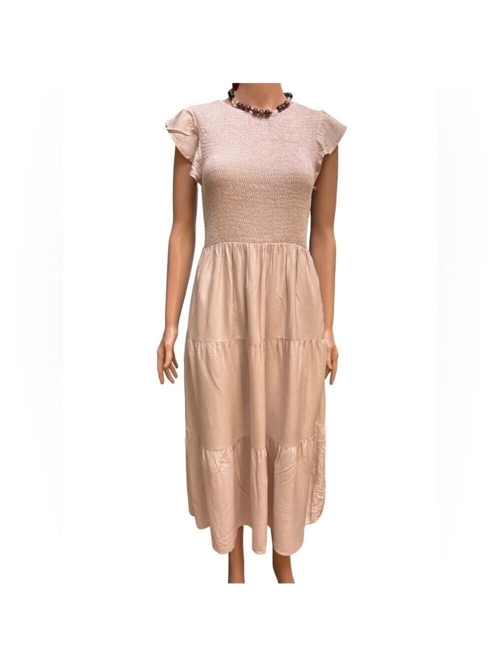 Zesica Chic Cream Midi Dress Smocked Top, Tiered A-Line Skirt Small NWT